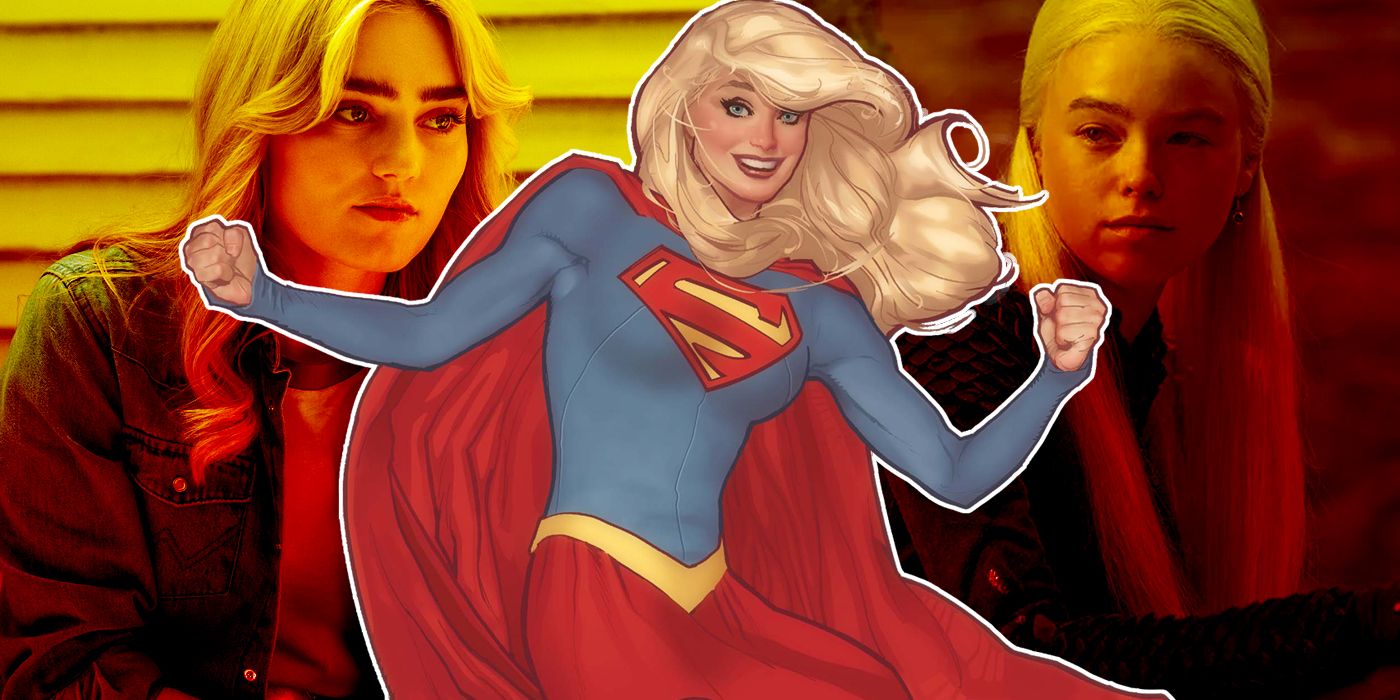 Supergirl de los cómics con Meg Donnely de Supernatural y Milly Alcock de House of the Dragon de fondo.  En La mujer del mañana