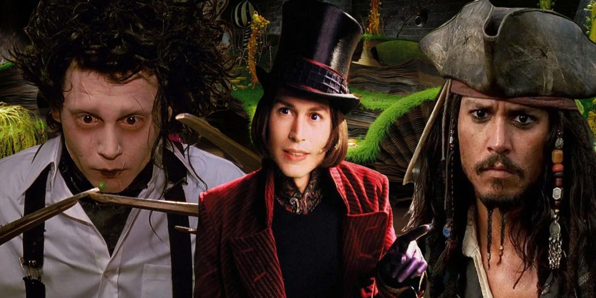 Imagen de collage de Johnny Depp como Eduardo Manostijeras, Willy Wonka y Jack Sparrow