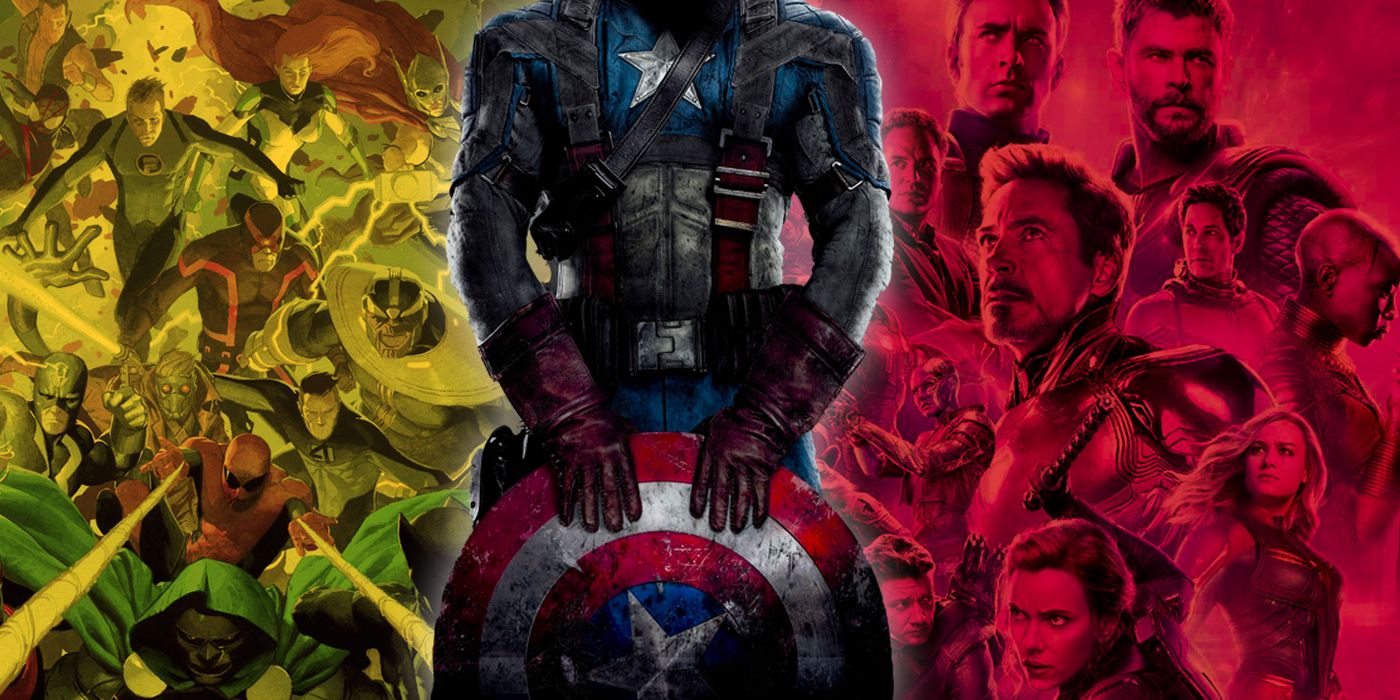 Capitán América con la cabeza oscurecida e imágenes de Secret Wars y Endgame sobre un fondo rojo y amarillo.