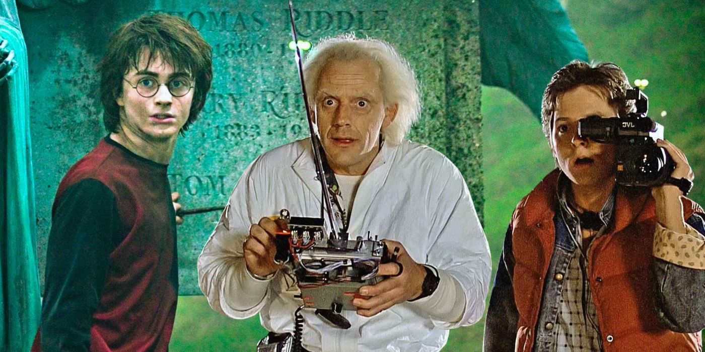 Una imagen combinada de Harry Potter, Doc Brown y Marty McFly en Regreso al futuro.