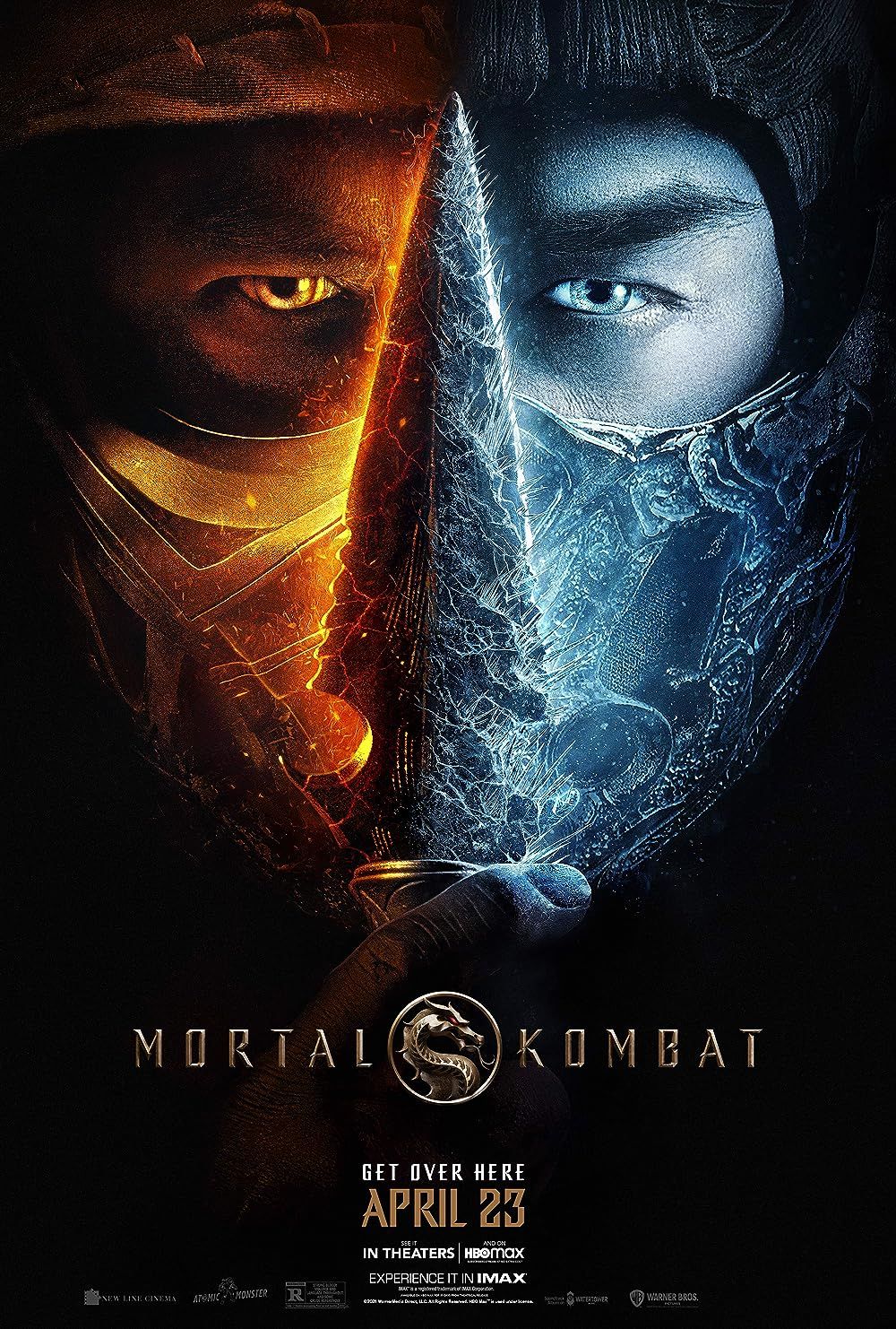 Una pantalla dividida de los rostros de Scorpion y Sub Zero del cartel de la película Mortal Kombat 2021