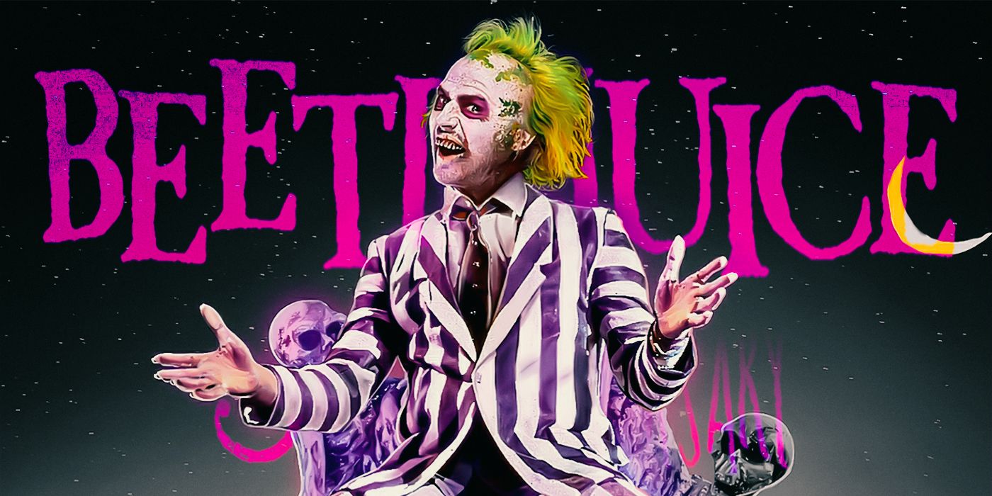 Logotipo de Beetlejuice detrás de Michael Keaton sentado