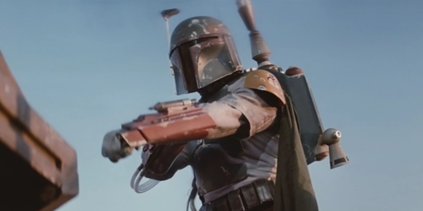 Boba Fett se prepara para disparar el cañón de su brazo en Star Wars El retorno del Jedi