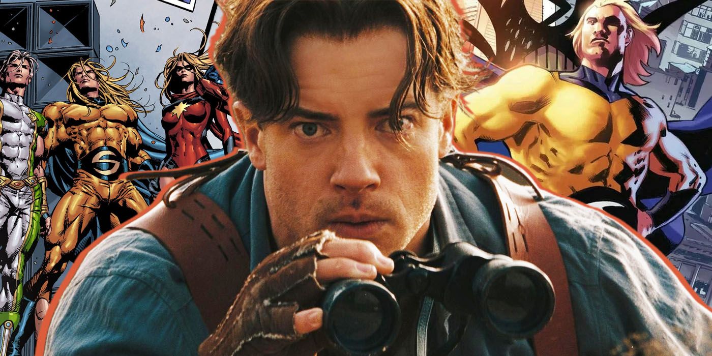 Brendan Fraser frente a imágenes de Sentry de Marvel Comics.