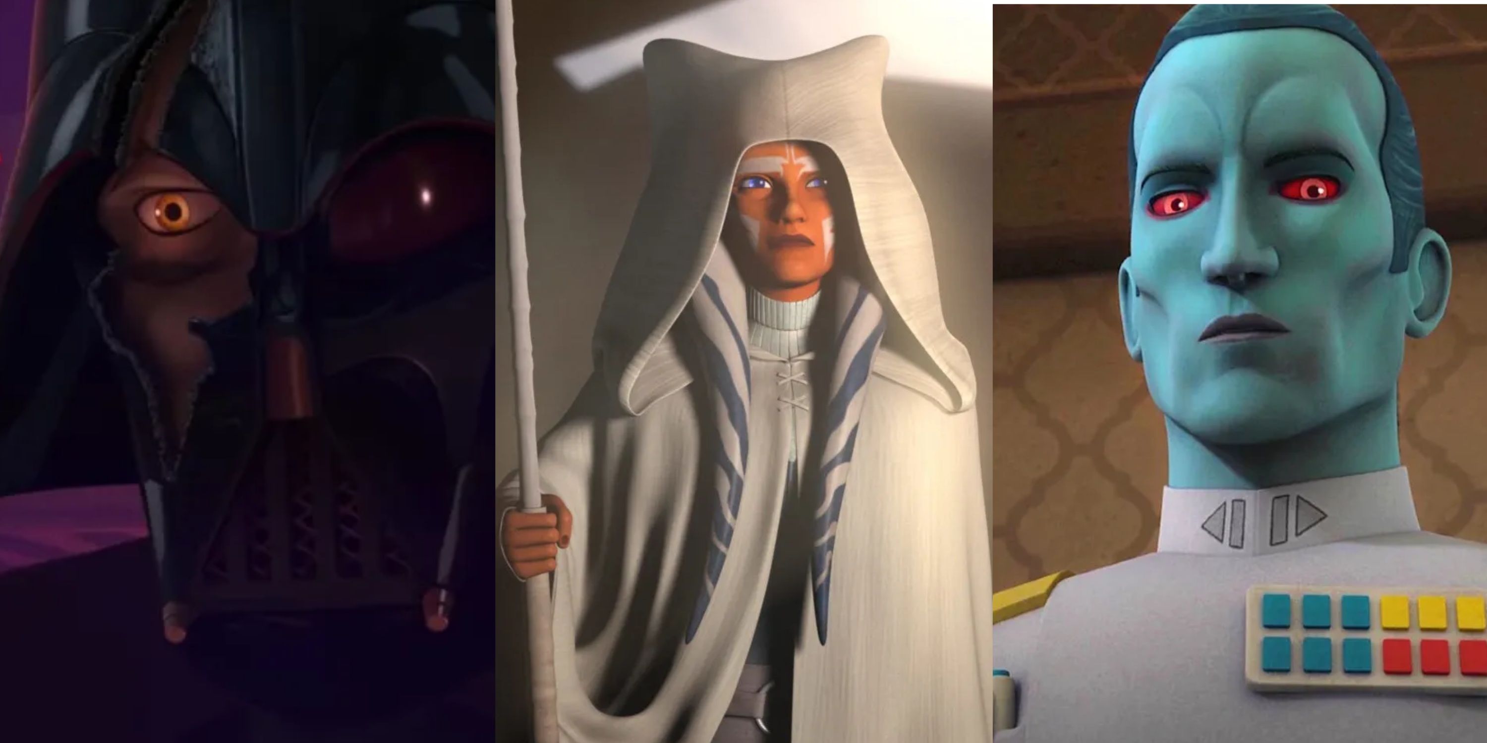 Imagen dividida: Casco dañado de Vader, Ahsoka sosteniendo el bastón, Gran Almirante Thrawn en Star Wars: Rebels