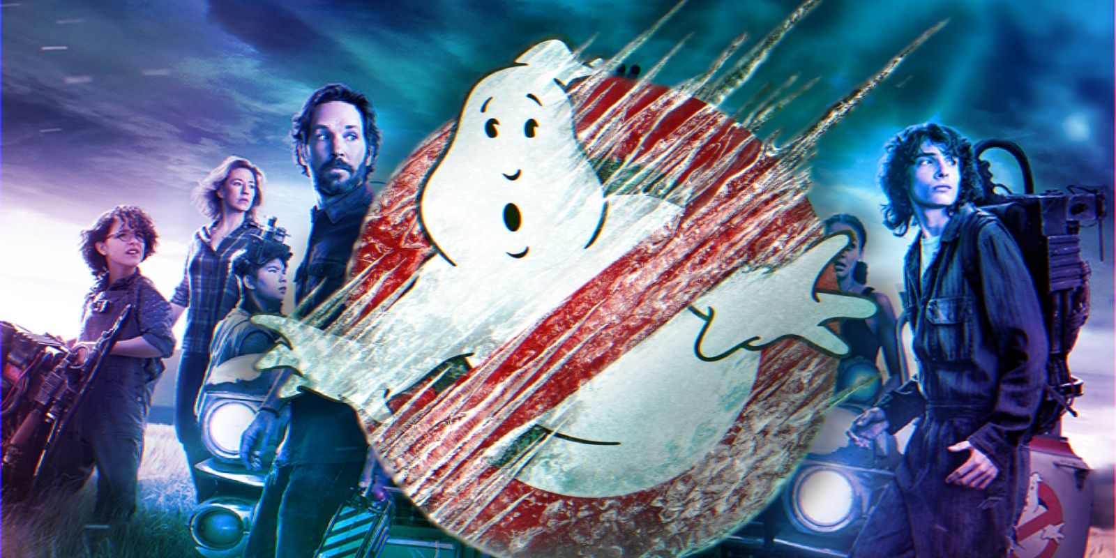 Logotipo de Ghostbusters: Frozen Empire frente al póster de Afterlife