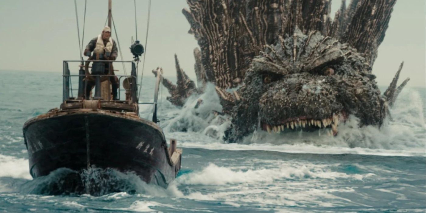 Godzilla acecha un barco en Godzilla Minus One.