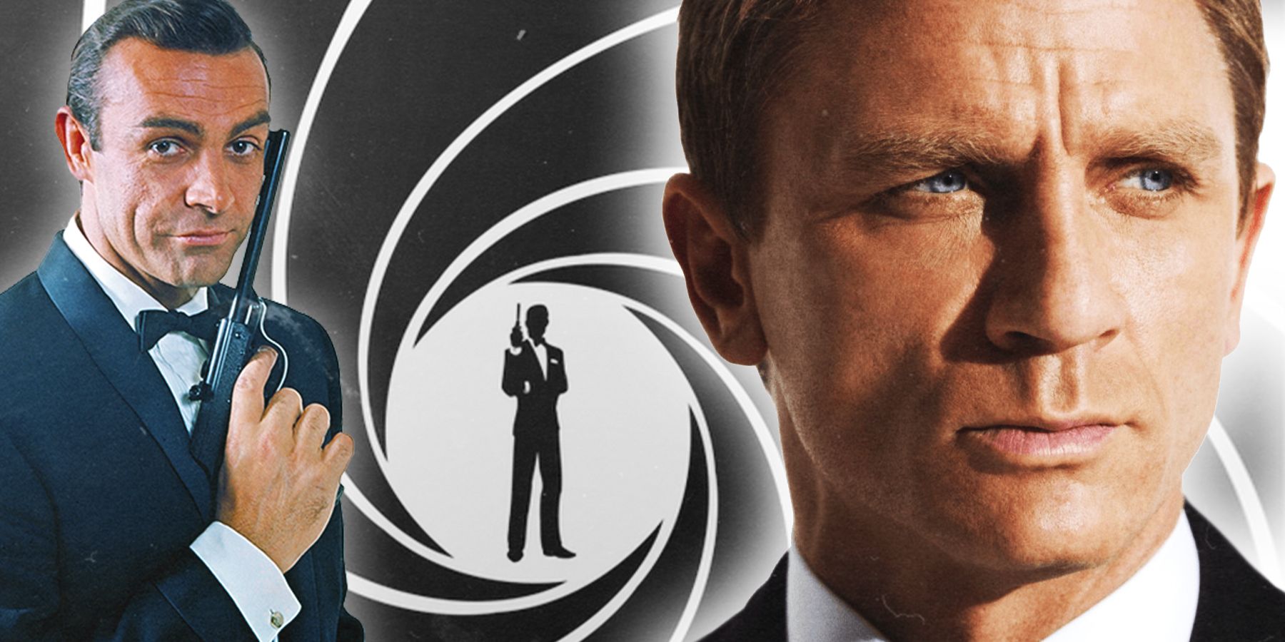 Sean Connery y Daniel Craig como James Bond frente al logotipo del cañón de la franquicia.