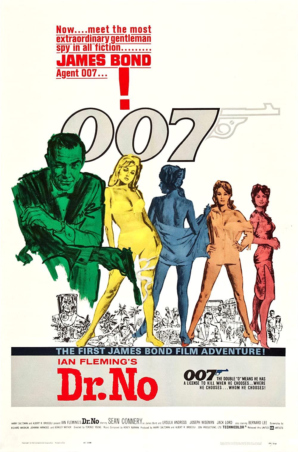 James Bond (Sean Connery) ilustrado cerca de Bond Girls en 007 Dr. Sin cartel
