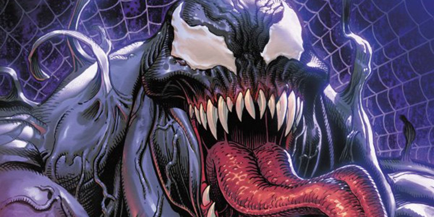 Venom saca su larga lengua en la portada variante de Venom #28.