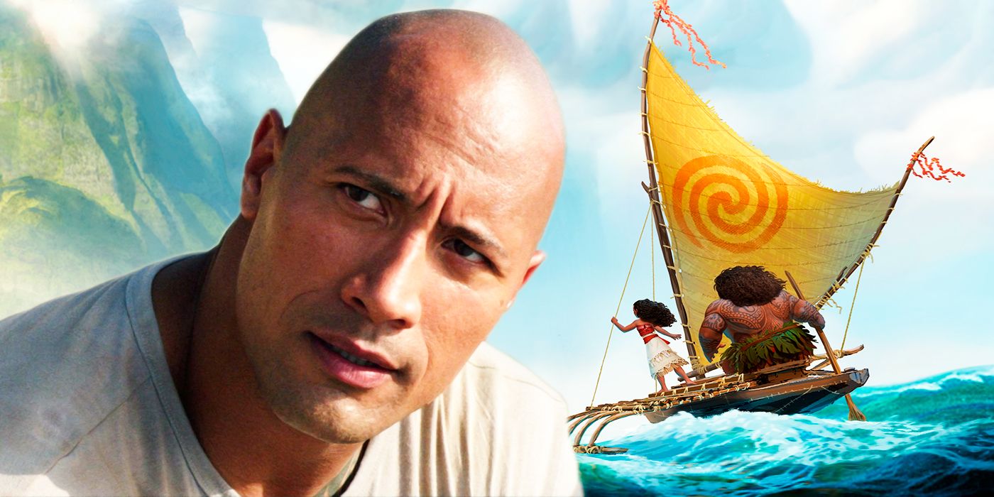 Dwayne Johnson junto a una imagen de Moana y Maui navegando.