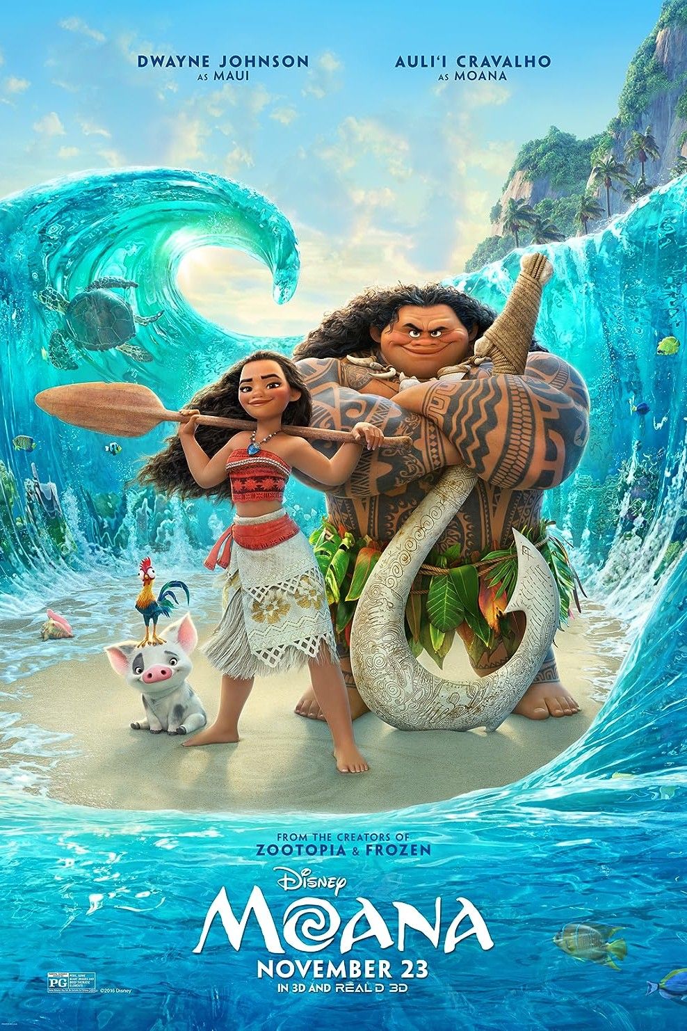 Moana, Maui, Hei Hei y Pua posando en el póster de la película Moana