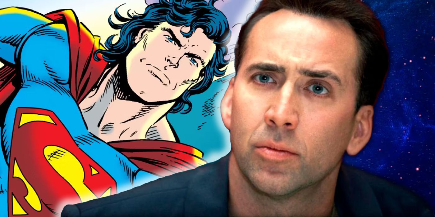 Imagen de Nicolas Cage junto al Superman de los 90 de pelo largo.