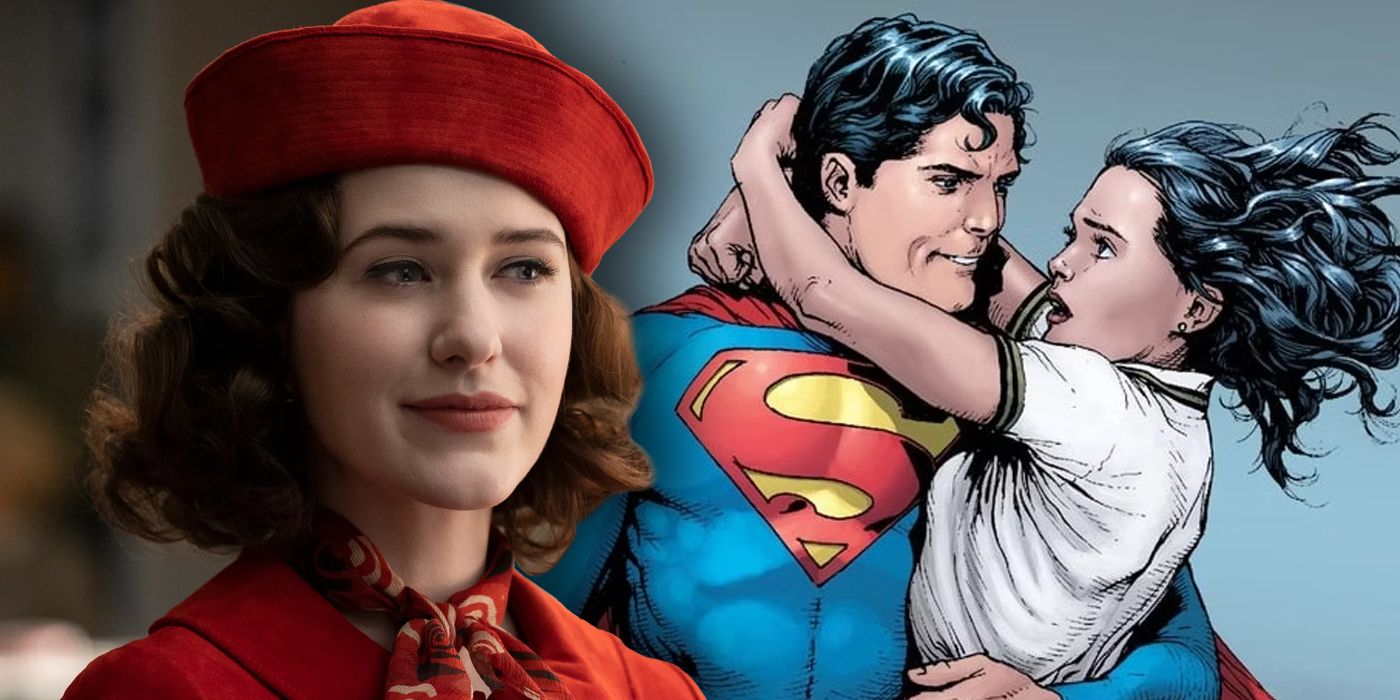 Rachel Brosnahan en Marvelous Mrs. Maisel junto a una foto de Superman y Lois Lane