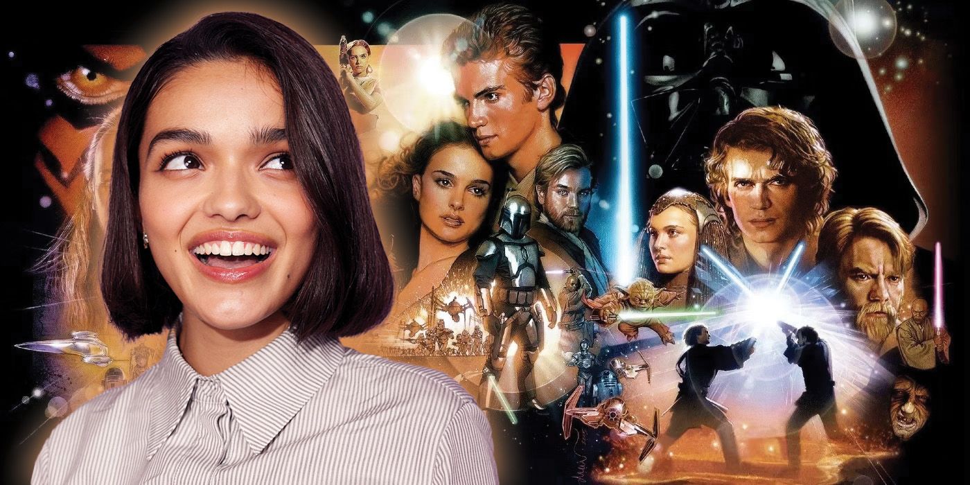 Una imagen compuesta de Rachel Zegler sonriendo y el arte del cartel de la trilogía de la precuela de Star Wars.