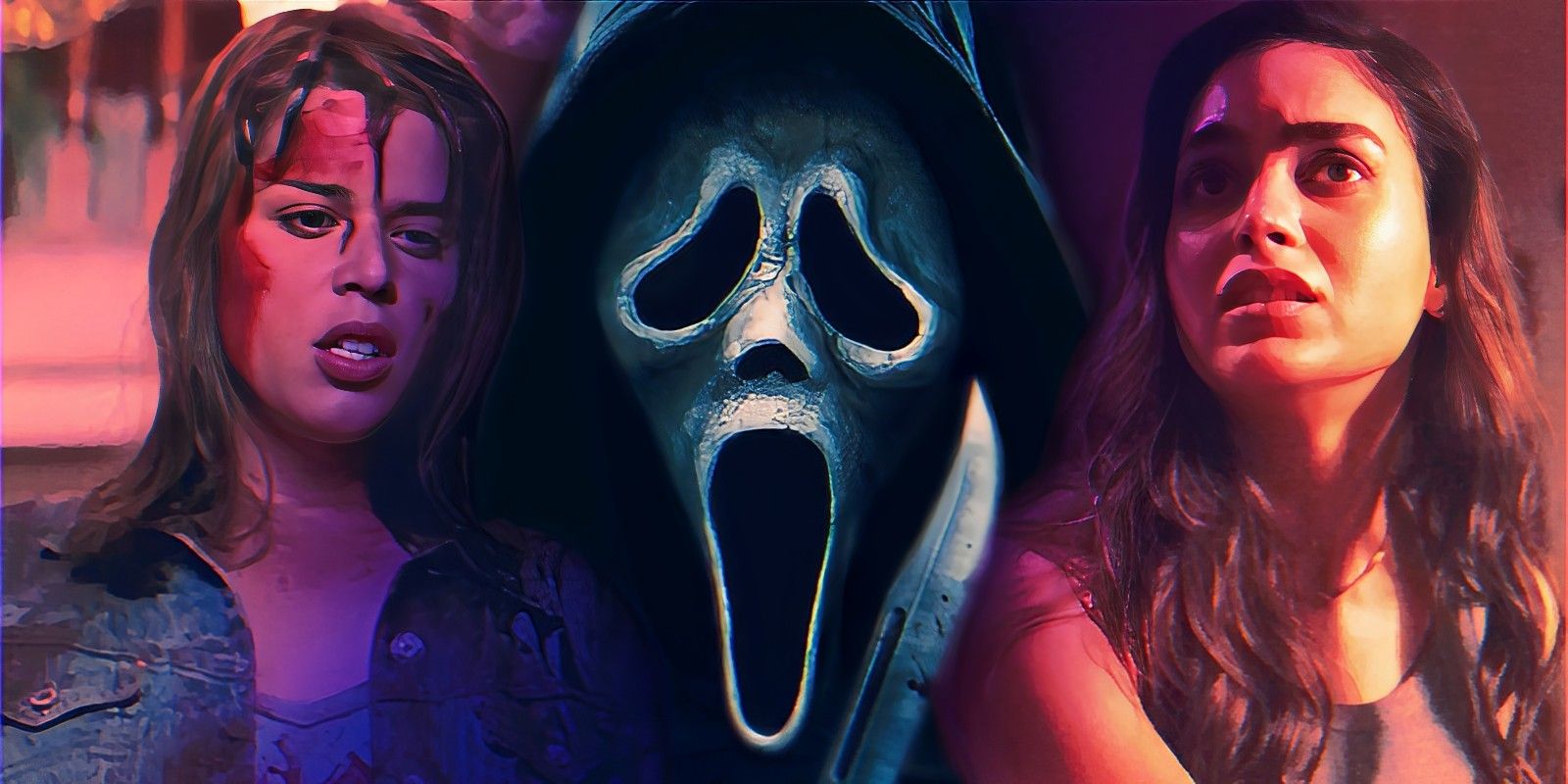 Sidney Prescott de Scream y Sam Carpenter de Scream 5 junto al primer plano de Ghostface.