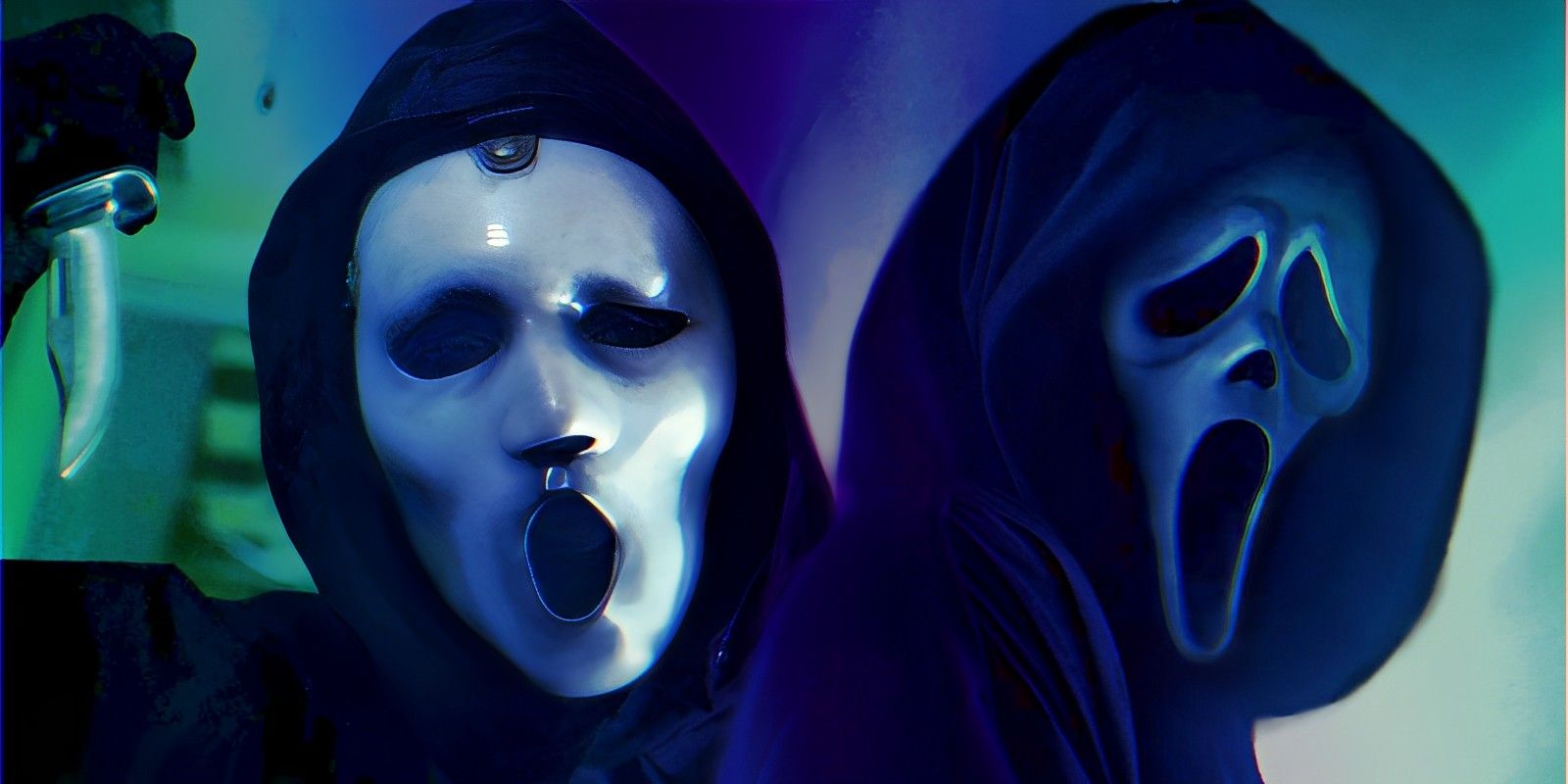 Ghostface, la serie Scream de MTV, con la máscara de Brandon James junto a la película Ghostface.