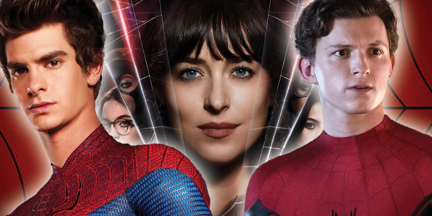 Imagen compuesta que muestra a los Spider-Man desenmascarados de Andrew Garfield y Tom Holland, y Dakota Johnson como Madame Web.