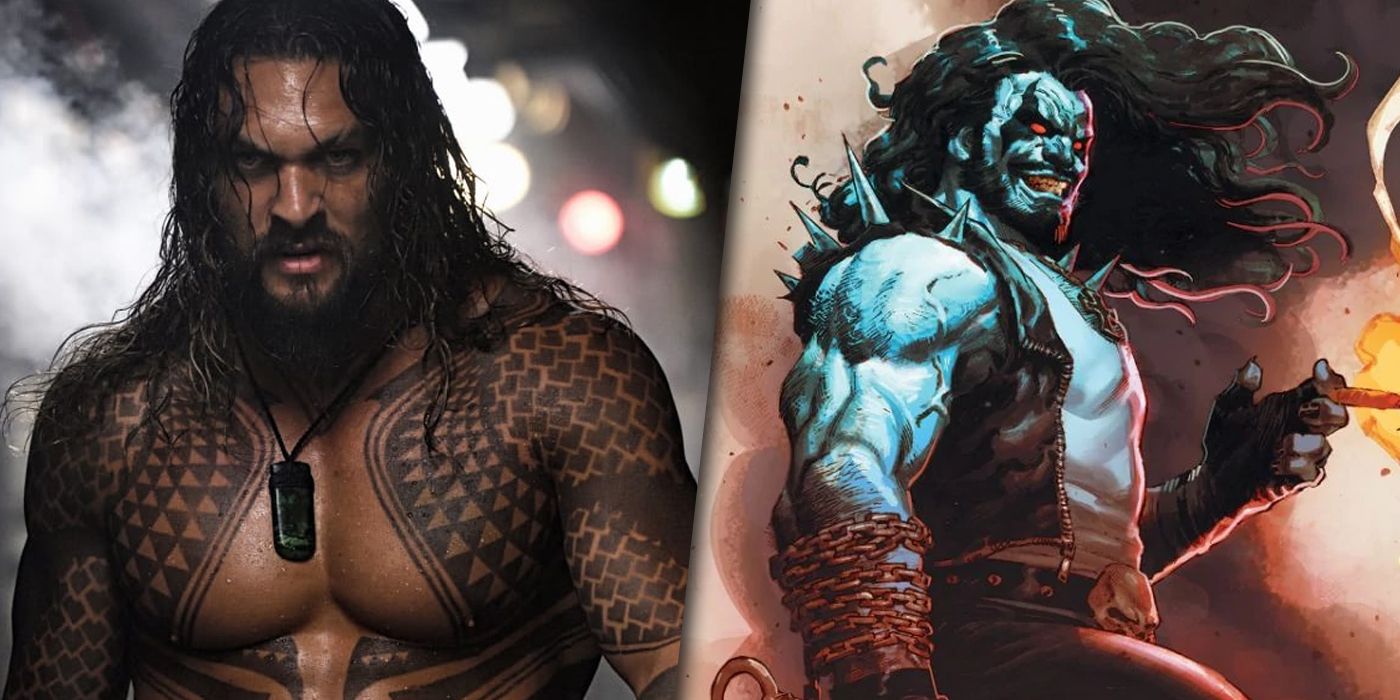 Imagen dividida de Jason Momoa como Aquaman y Lobo de DC Comics