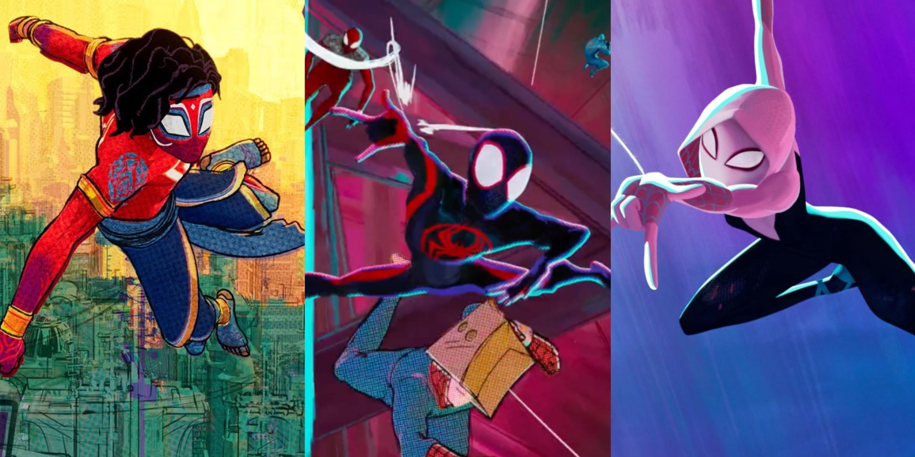 Imagen dividida de la función Spider-Man India, Spider-Man y Ghost Spider