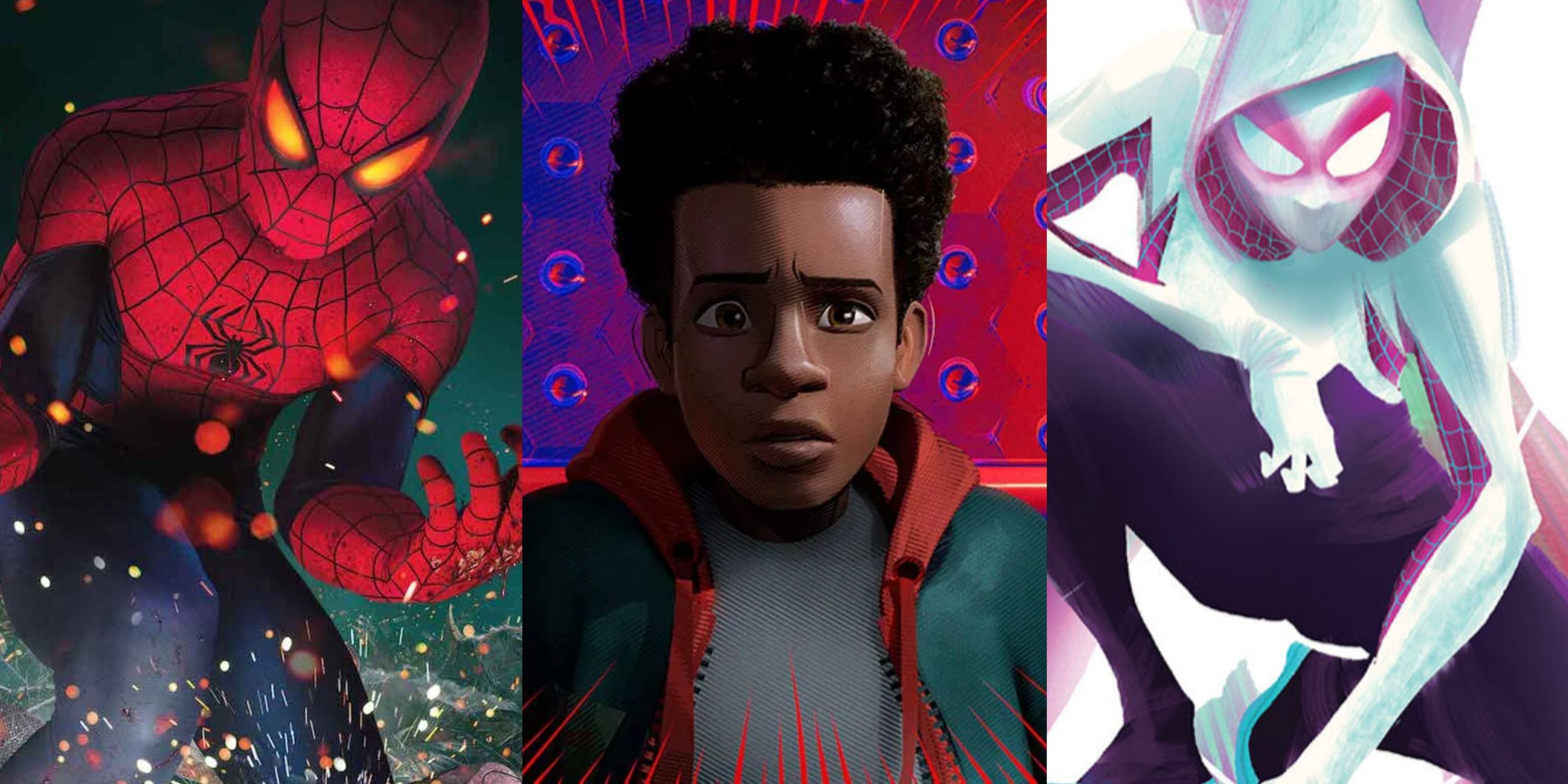 Imagen dividida de Spider-Man (cómics), Miles Morales (Into the Spider-Verse) y Ghost Spider (cómics)