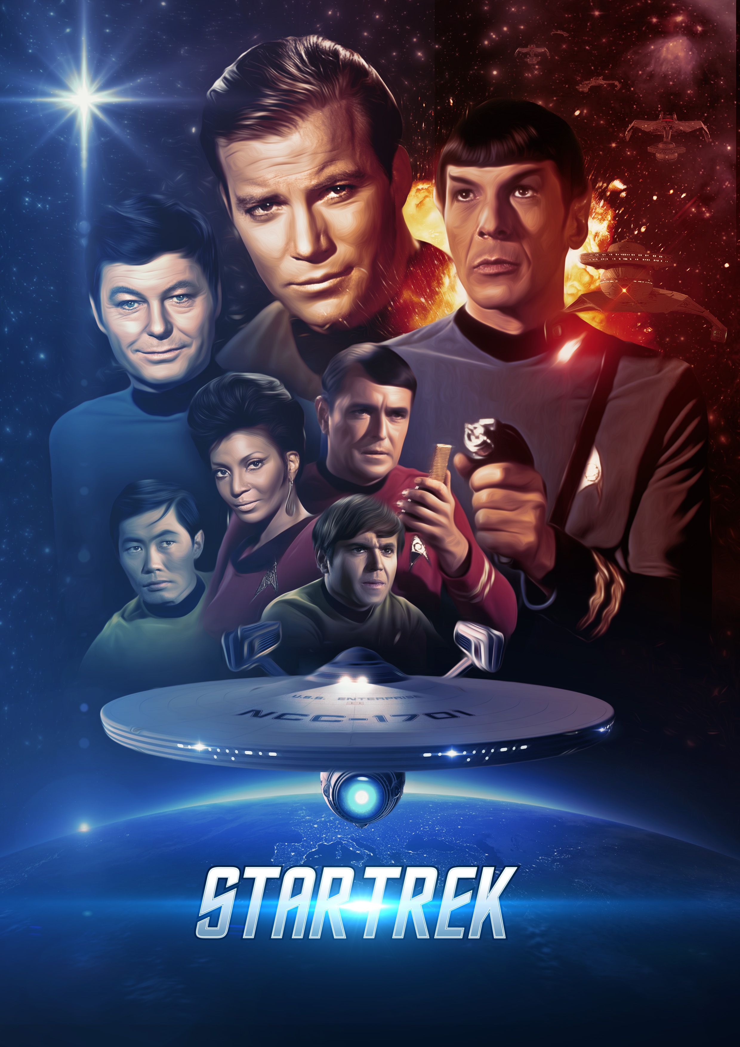 El elenco original de Star Trek reunido detrás de una imagen del USS Enterprise en un póster de Star Trek.