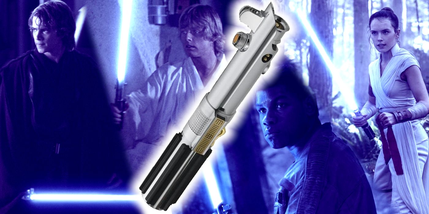 El sable de luz Skywalker frente a Anakin Skywalker, Luke Skywalker, Finn y Rey Skywalker.