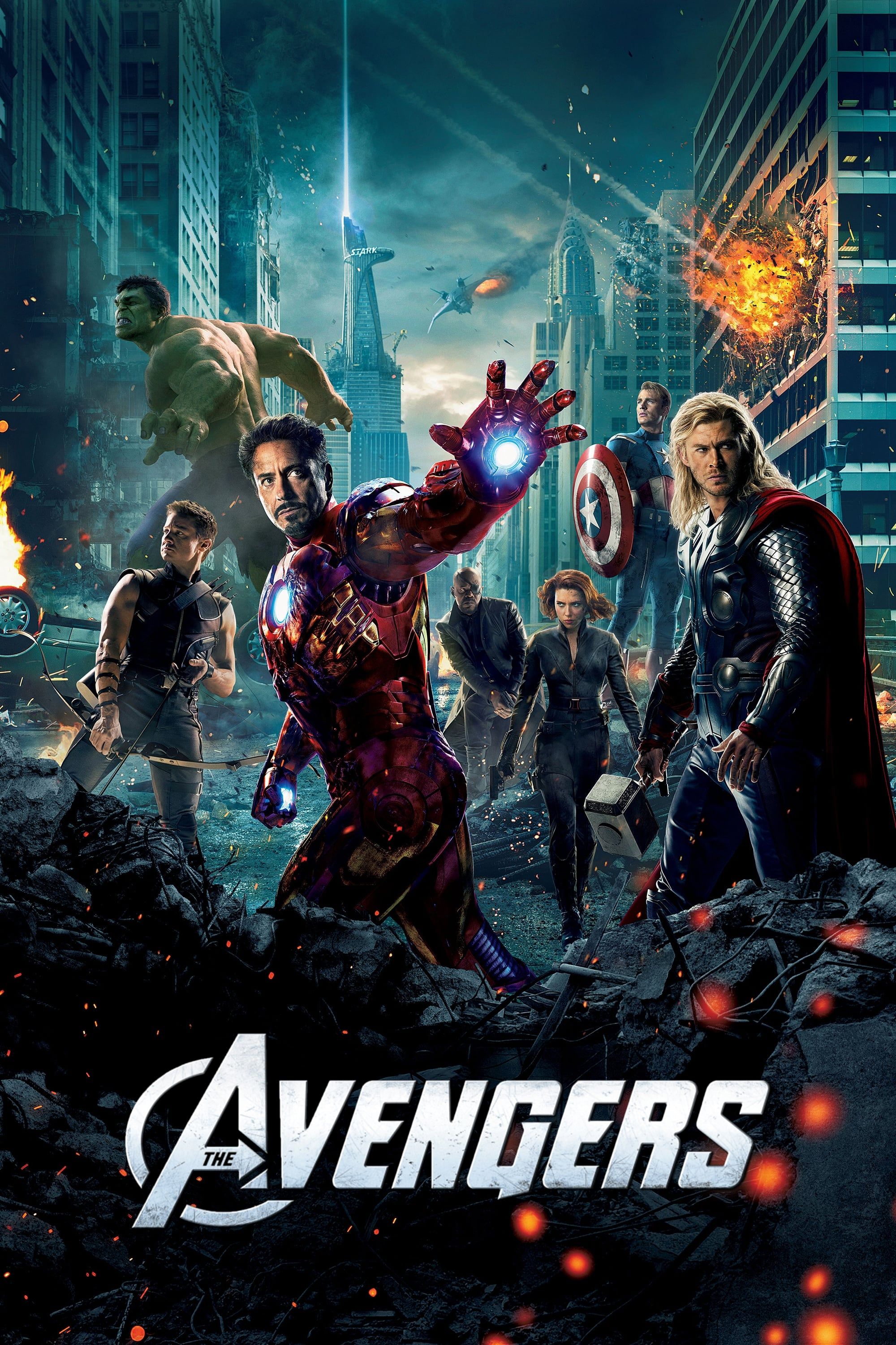 Iron Man, Thor, Black Widow, Hawkeye, Hulk, Nick Fury y Capitán América en el póster de la película Marvel's The Avengers (2012)
