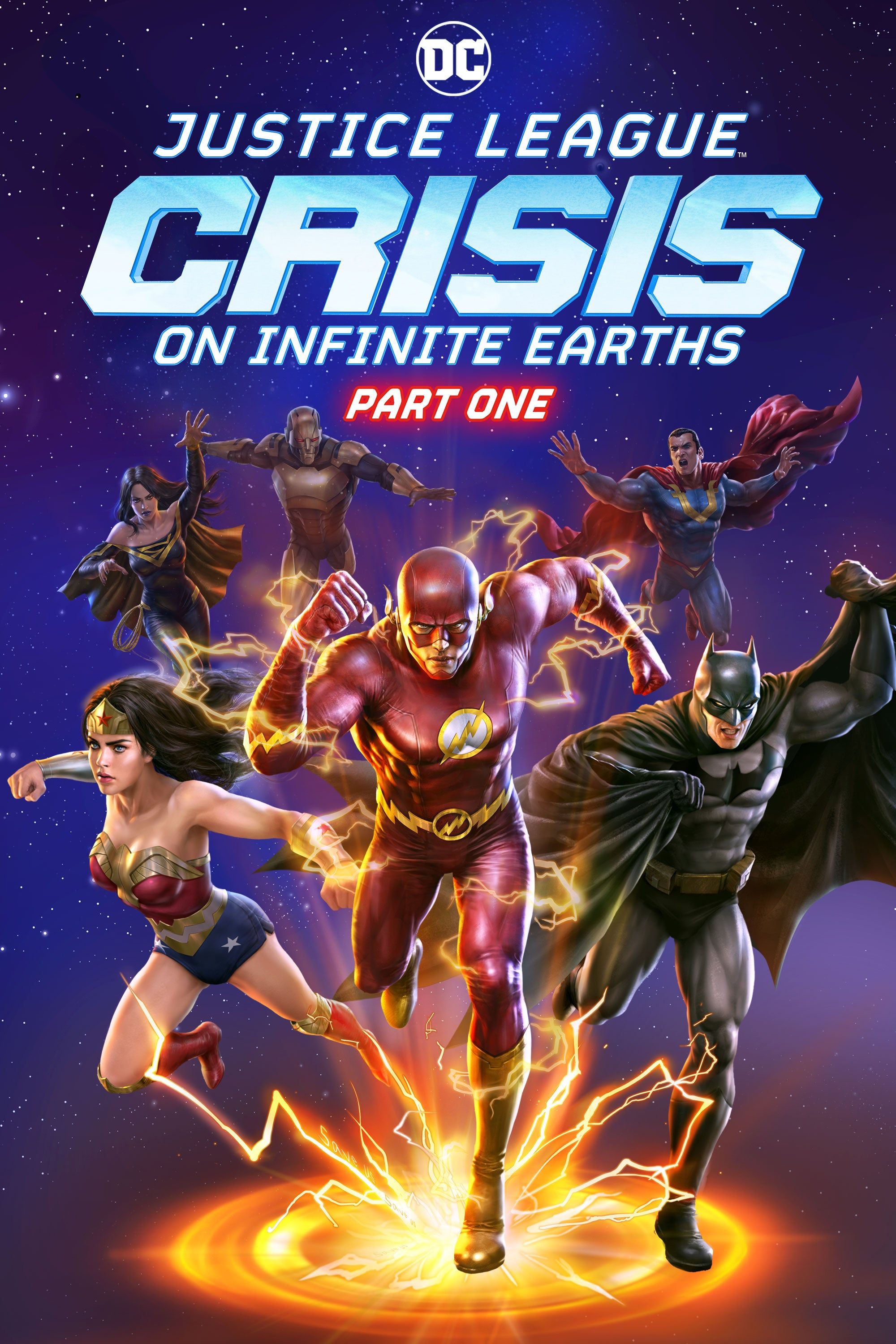 Wonder Woman, Flash, Batman, Superman, Supergirl/Harbinger y Amazo en el cartel de Justice League- Crisis on Infinite Earths Part One