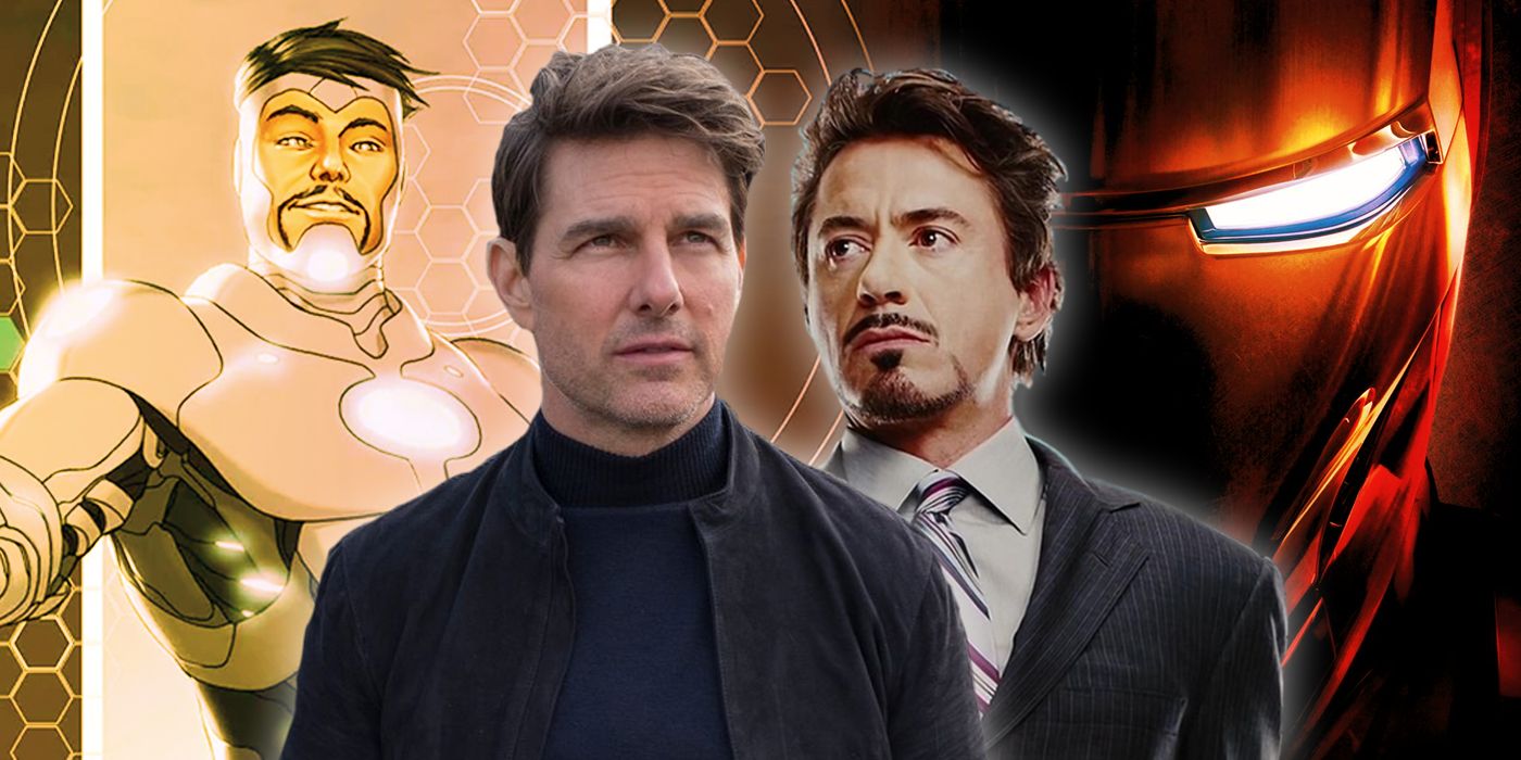 Tom Cruise de Misión Imposible con Robert Downey Jr. como Tony Stark y Superior Iron Man y MCU Iron Man al fondo