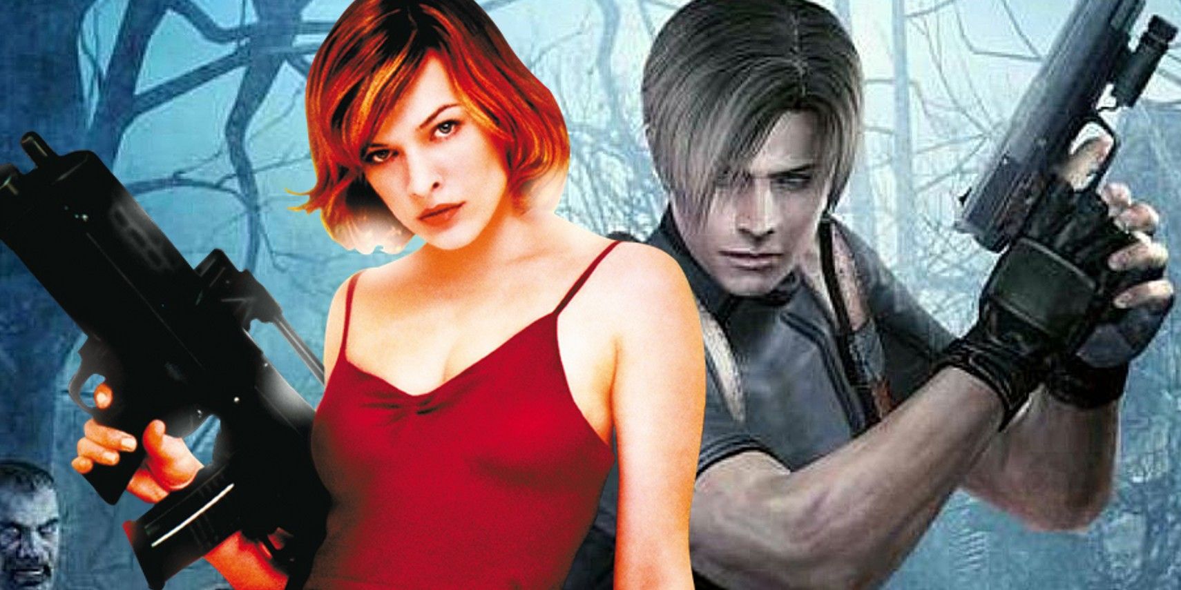 Alice de las películas de Resident Evil a la derecha y Leon S. Kennedy de RE:4 a la izquierda.