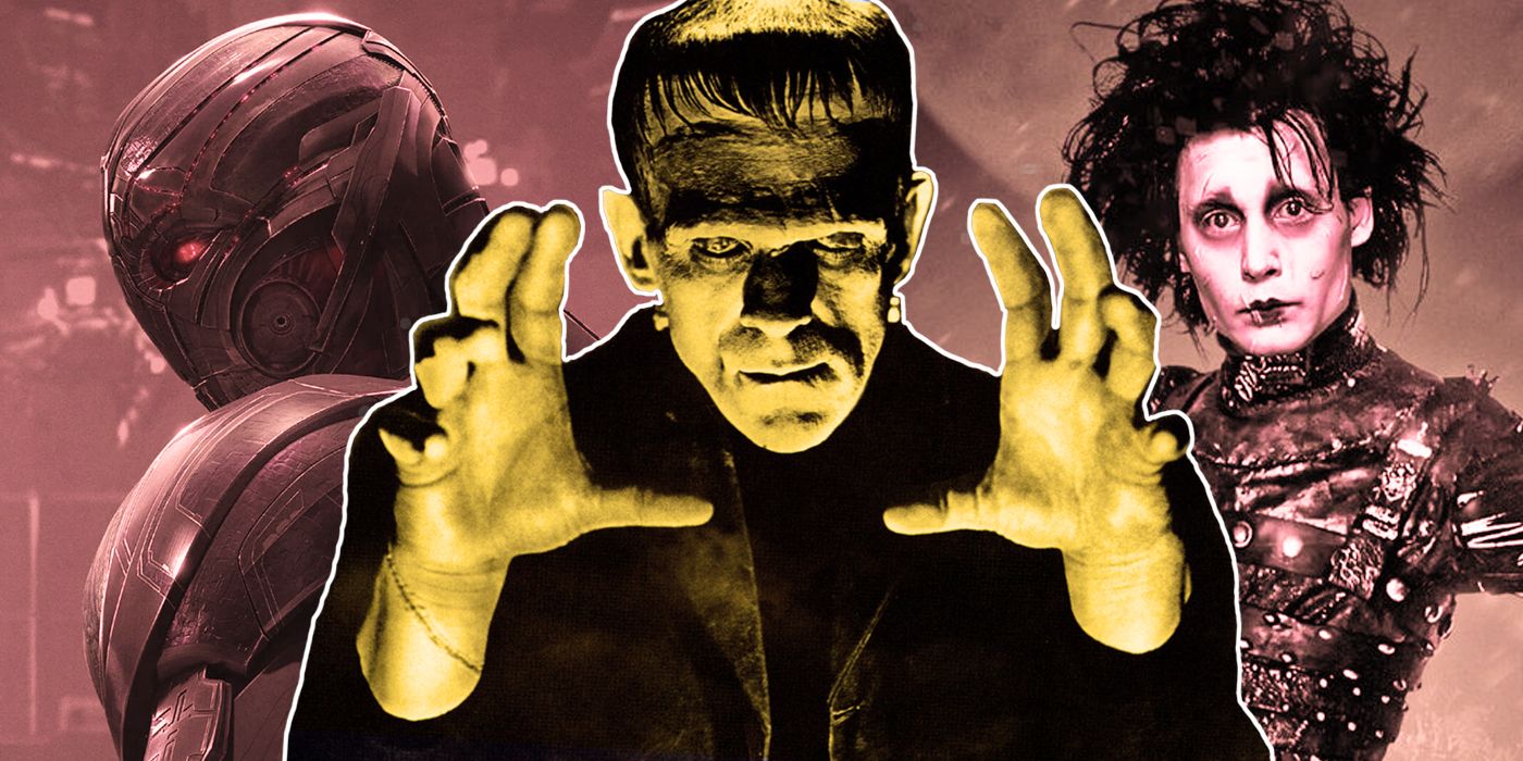 Frankenstein con los brazos extendidos con Ultrón del MCU y Eduardo Manostijeras al fondo