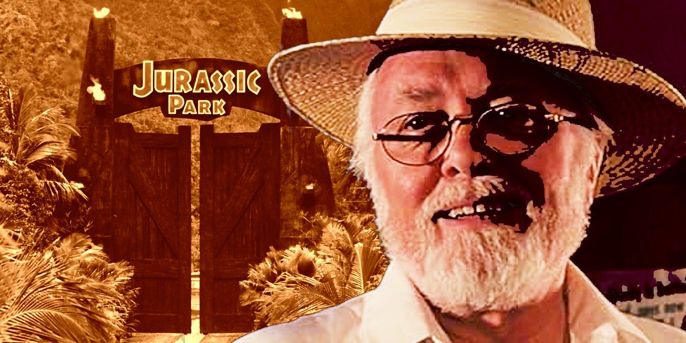 John Hammond (Richard Attenborough) con las icónicas puertas de Jurassic Park.