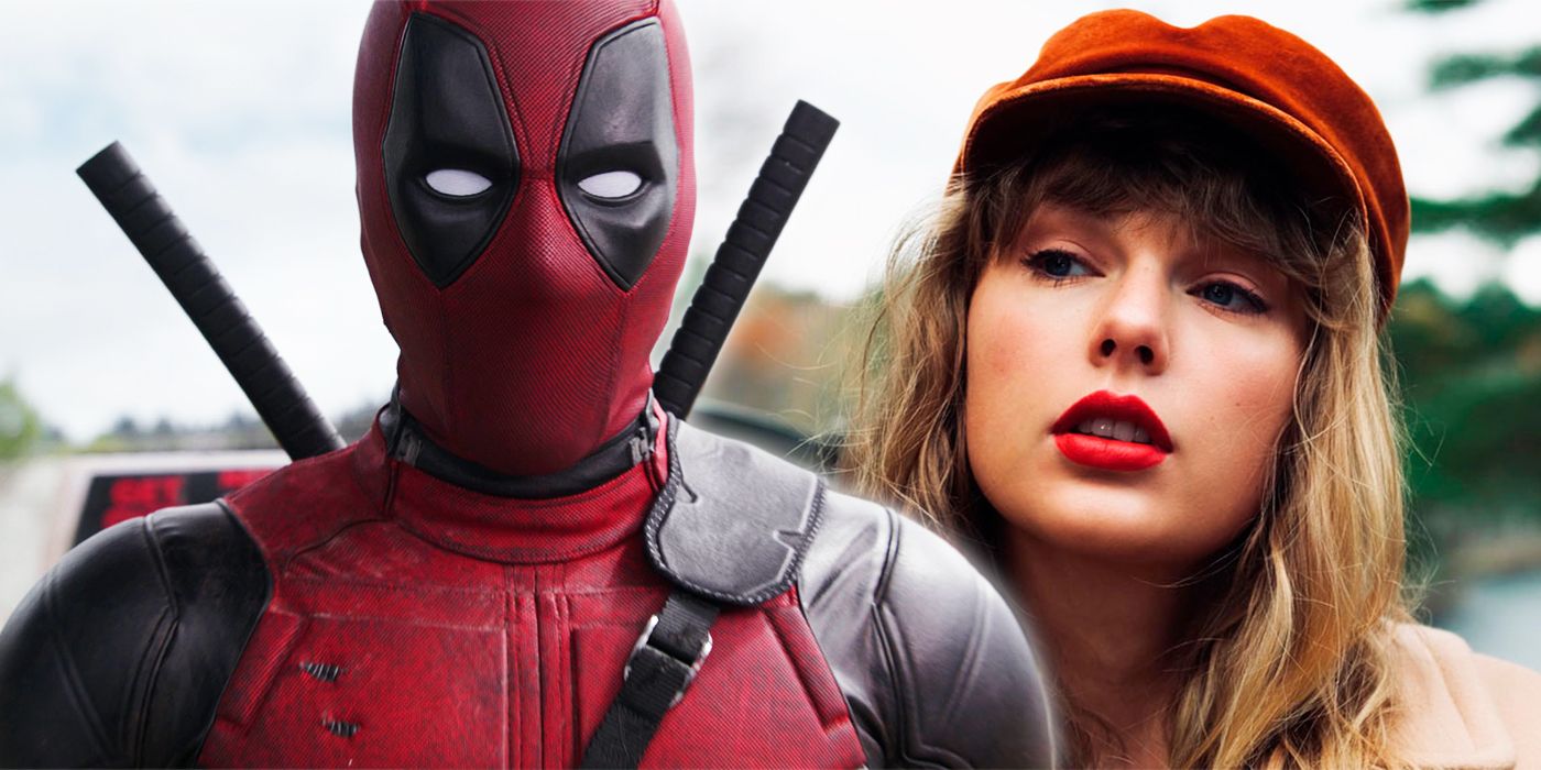 Deadpool con su traje junto a una Taylor Swift de aspecto pensativo