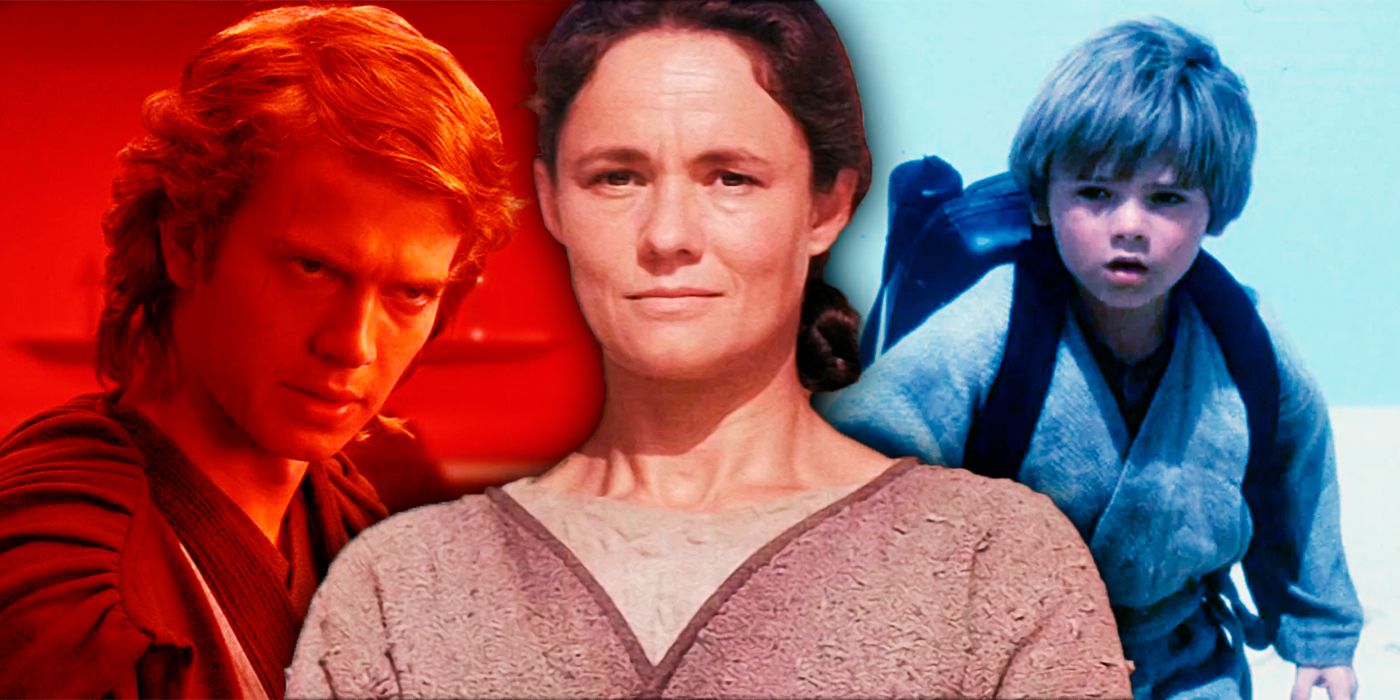 Shmi Skywalker con dos imágenes de Anakin de fondo.  El Anakin adulto está sombreado en rojo y el Anakin niño está sombreado en azul.