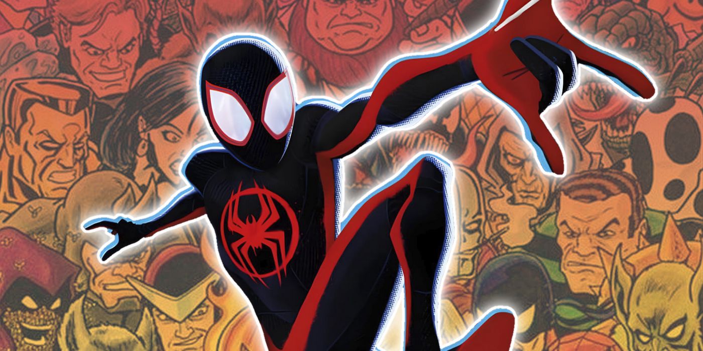 Miles Morales de Across the Spider-Verse con los villanos de Spider-Man al fondo