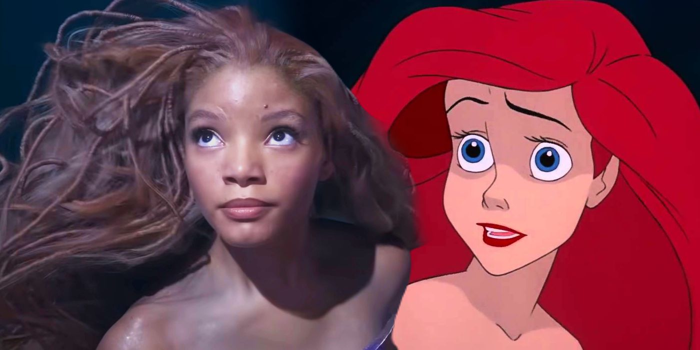 Imagen dividida: Ariel (Halle Bailey) y Ariel (Jodi Benson) en La Sirenita 1989 y 2023