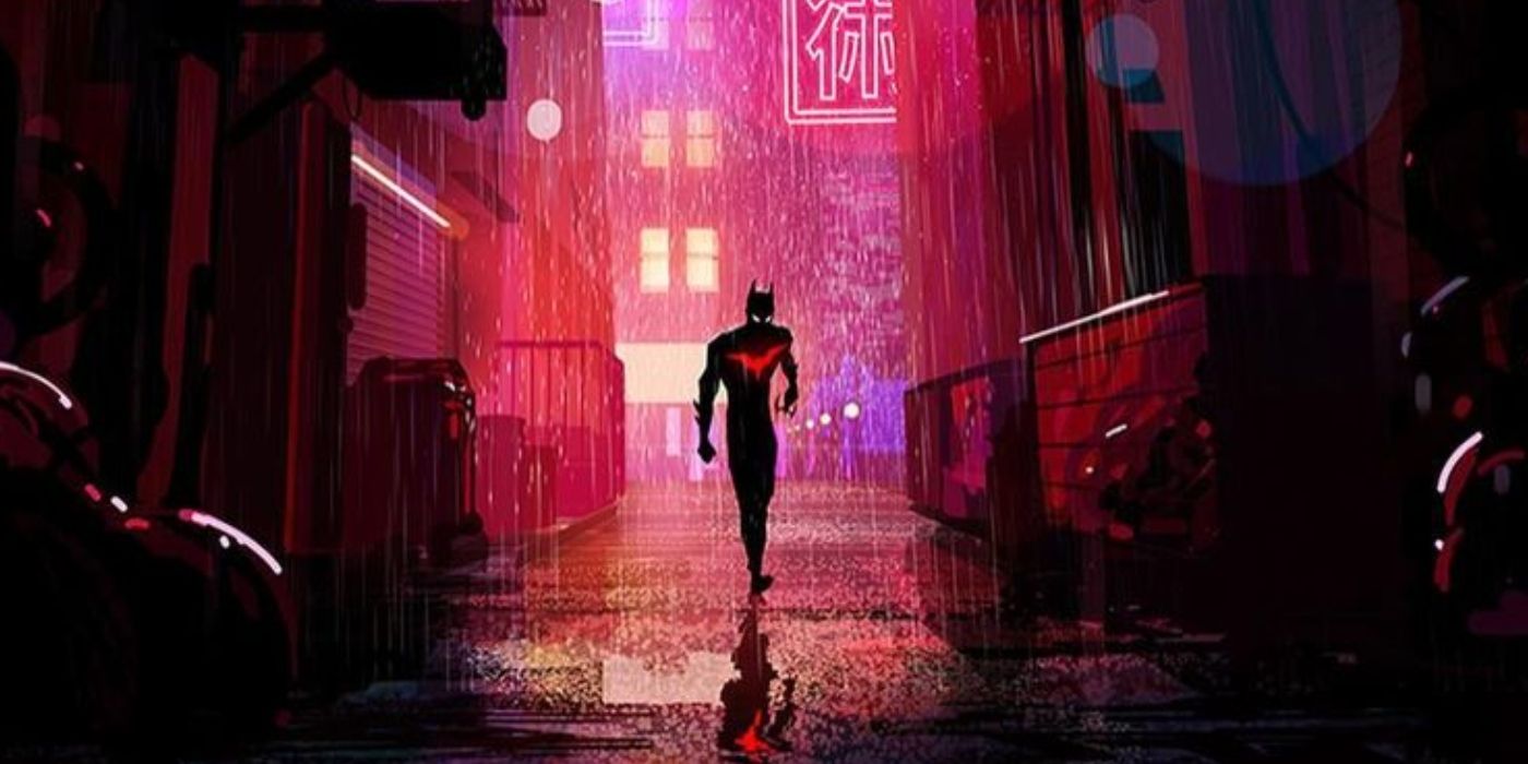 Batman Beyond Concept Art con Terry parado bajo la lluvia.