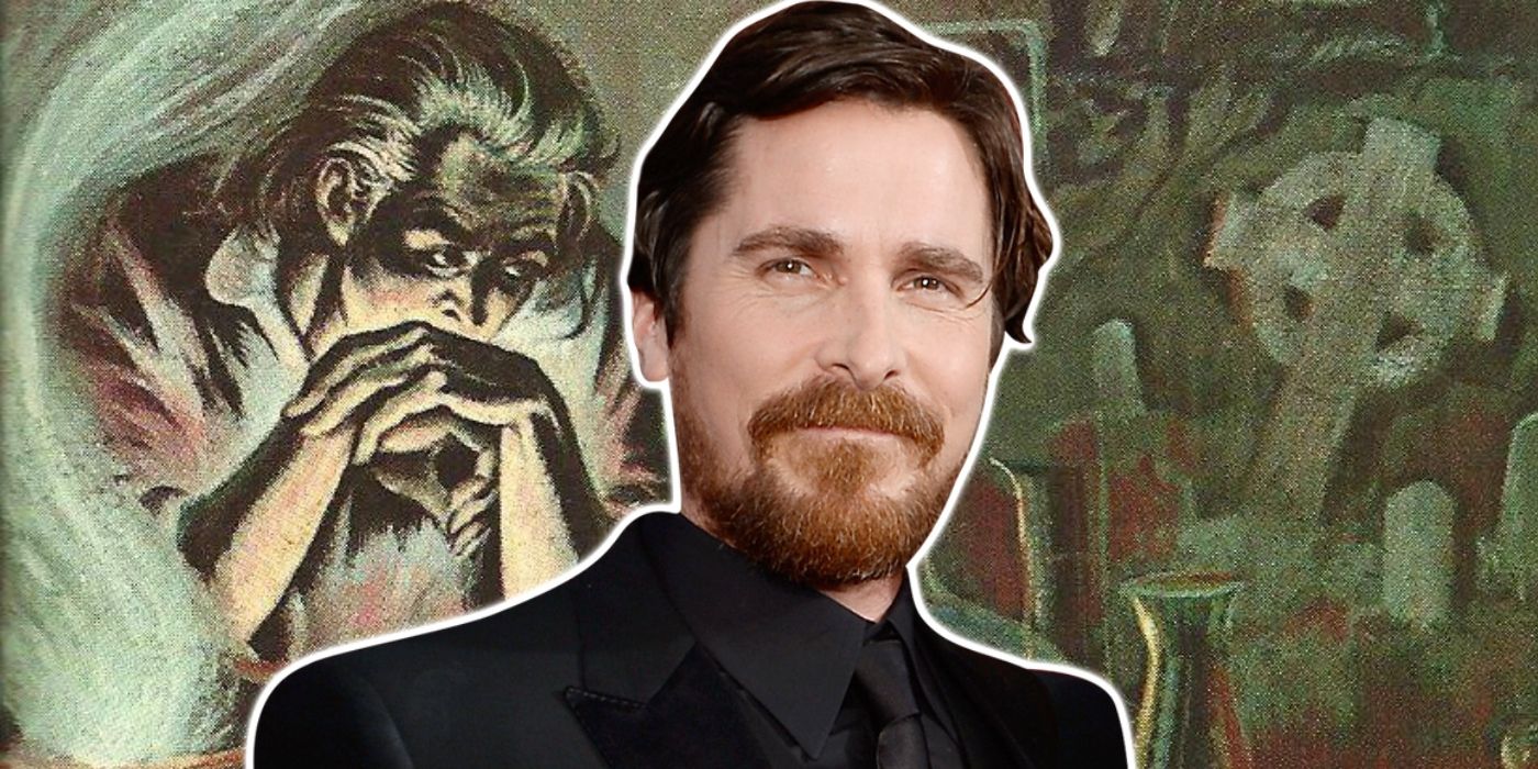 Christian Bale con la obra de arte de la novela Frankenstein de Mary Shelley