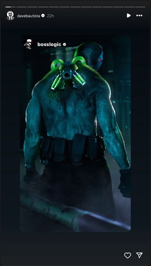 Una captura de pantalla de la historia de Instagram de Dave Bautista con arte de BossLogic de él como Bane.