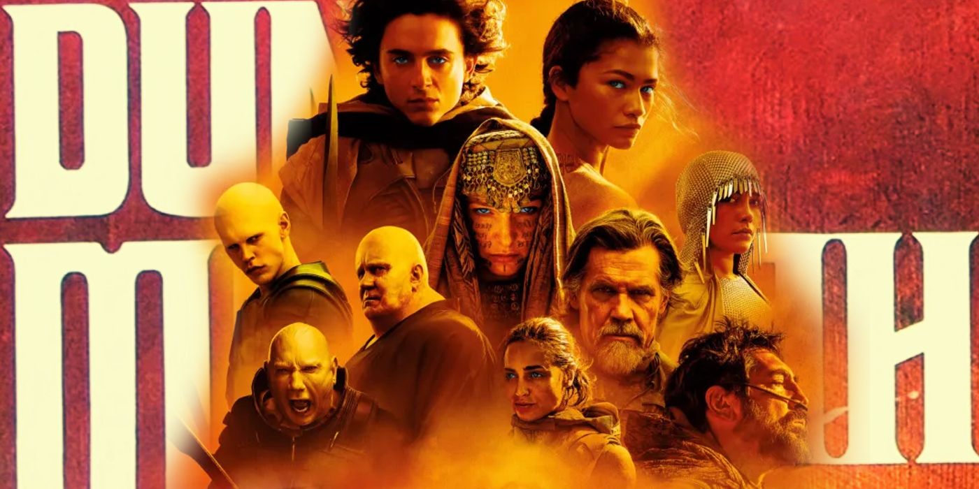 El elenco del póster de Dune 2 con la portada del libro Dune: Messiah como fondo