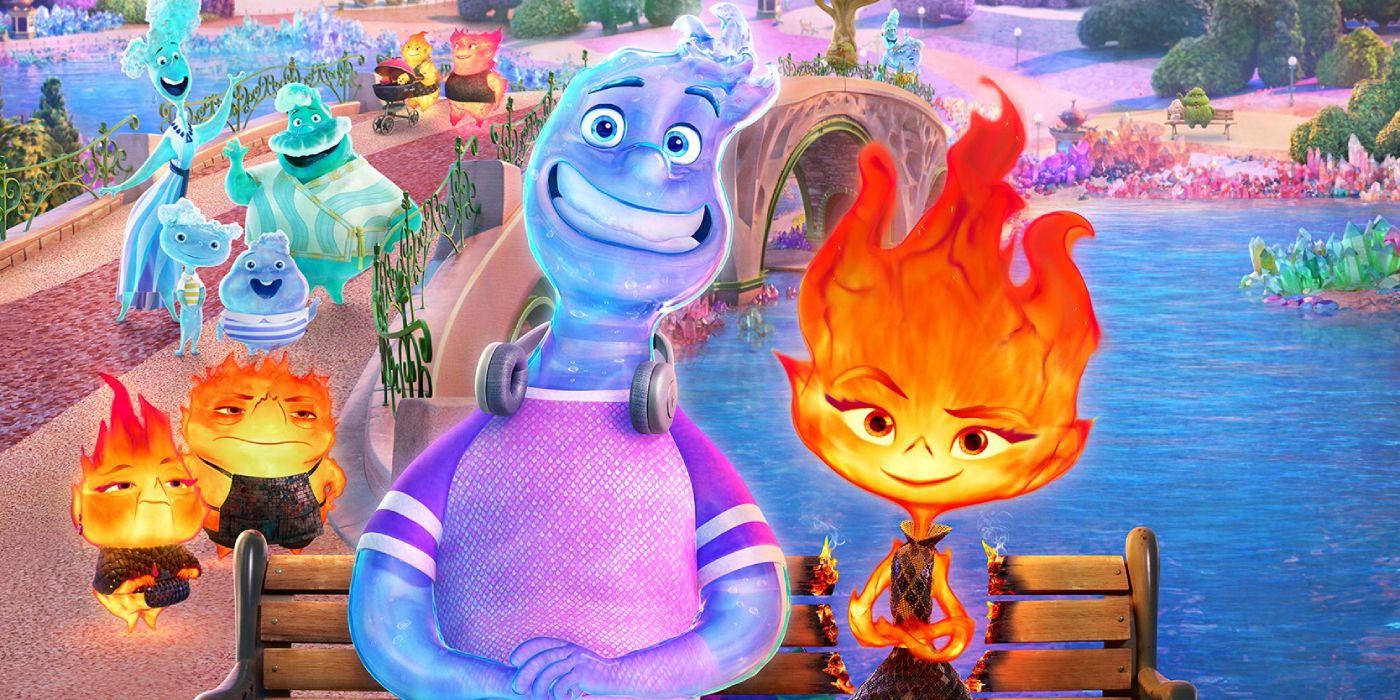 Arte del póster de Elemental de Disney y Pixar, con Wade, Ember y más