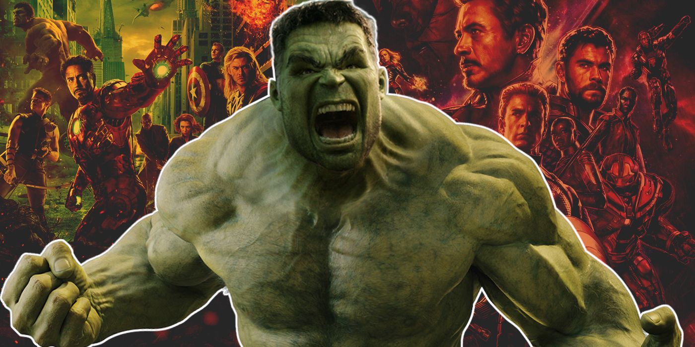 Hulk del MCU con carteles de Los Vengadores y Vengadores Endgame de fondo