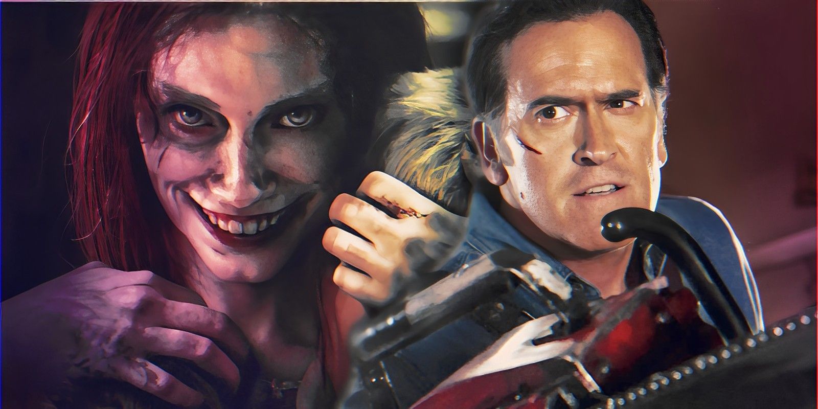 Deadite Ellie sosteniendo a sus hijos en el póster de Evil Dead Rise junto a Ash en Ash vs Evil Dead.