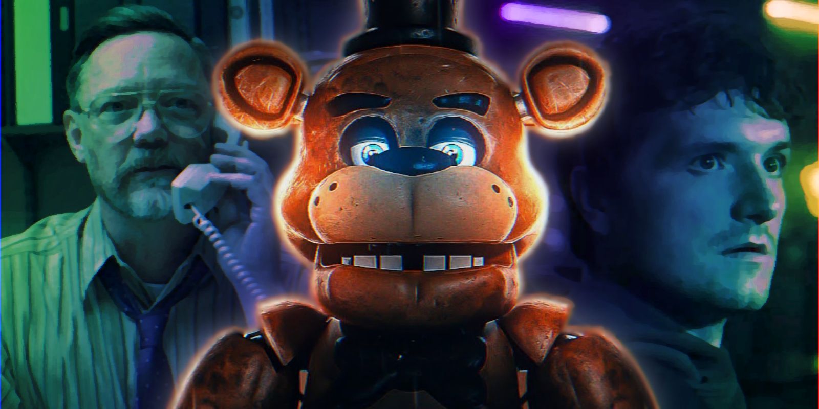 Steve Raglan de Matthew Lillard y Mike de Josh Hutcherson con Freddy Fazbear en la película FNAF