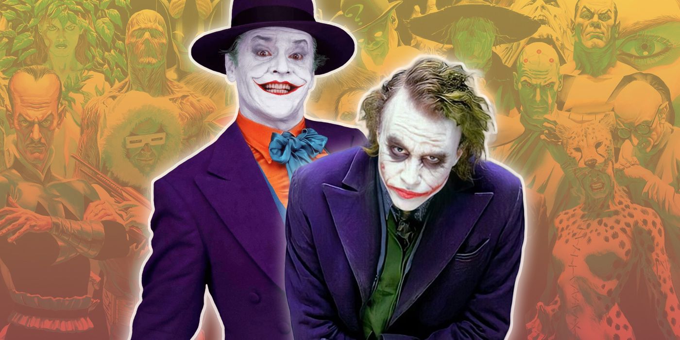 Heath Ledger y Jack Nicholson como Joker con los villanos de DC Comics de fondo