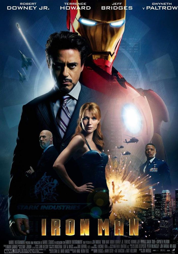 Póster de la película Iron Man 2008 con Iron Man asomando detrás de Tony Stark