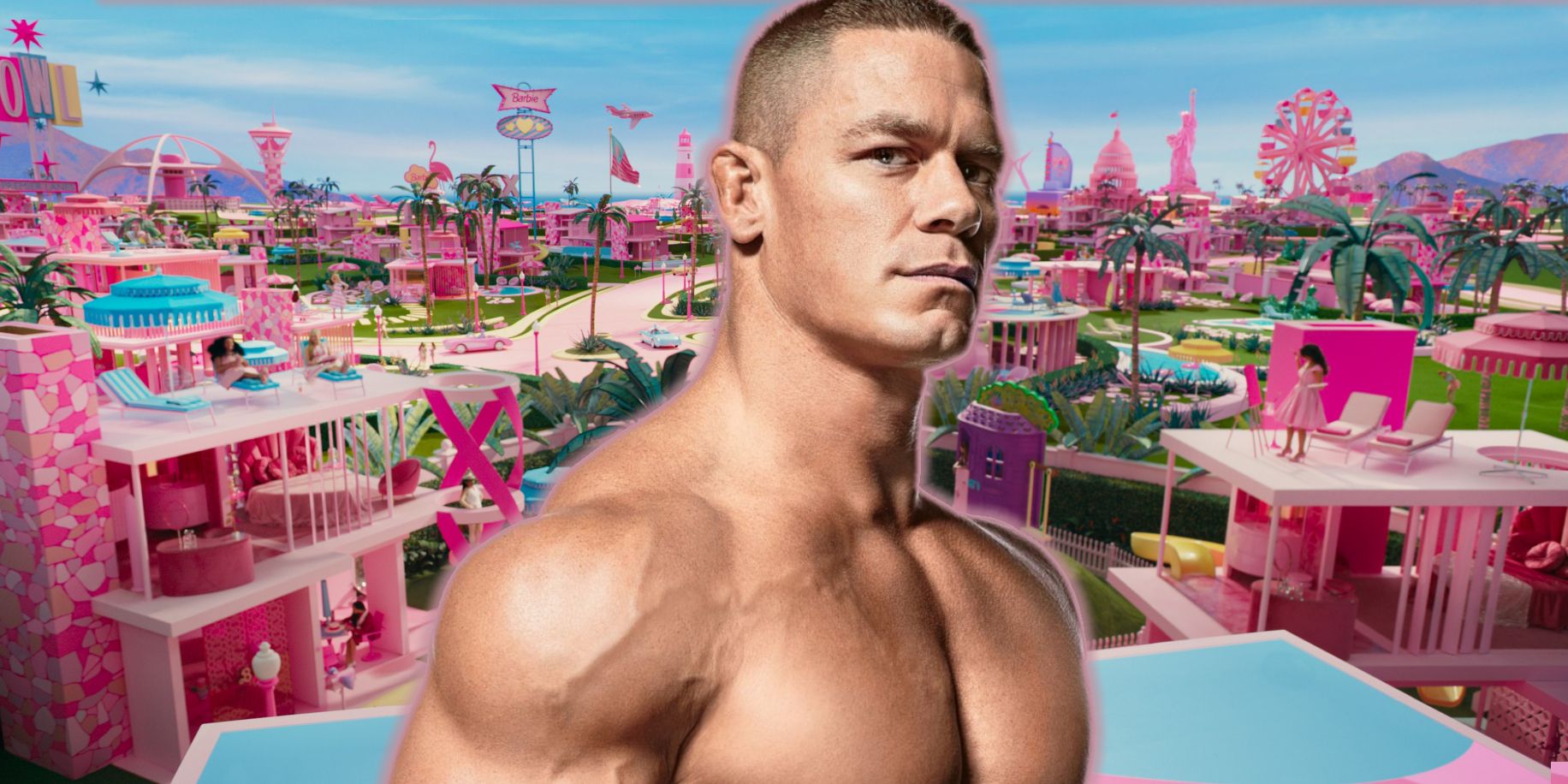 John Cena superpuesto a una imagen del tráiler de la película Barbie.