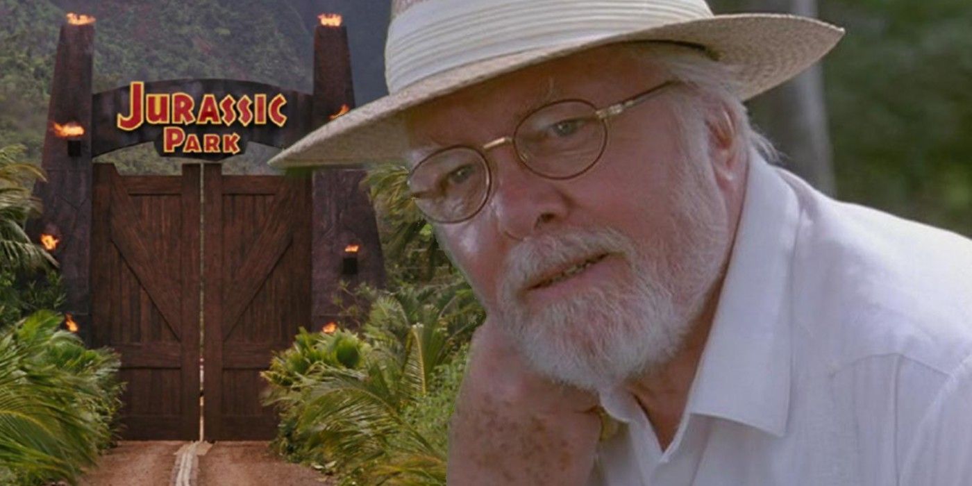 John Hammond (Richard Attenborough) con las icónicas puertas de Jurassic Park.