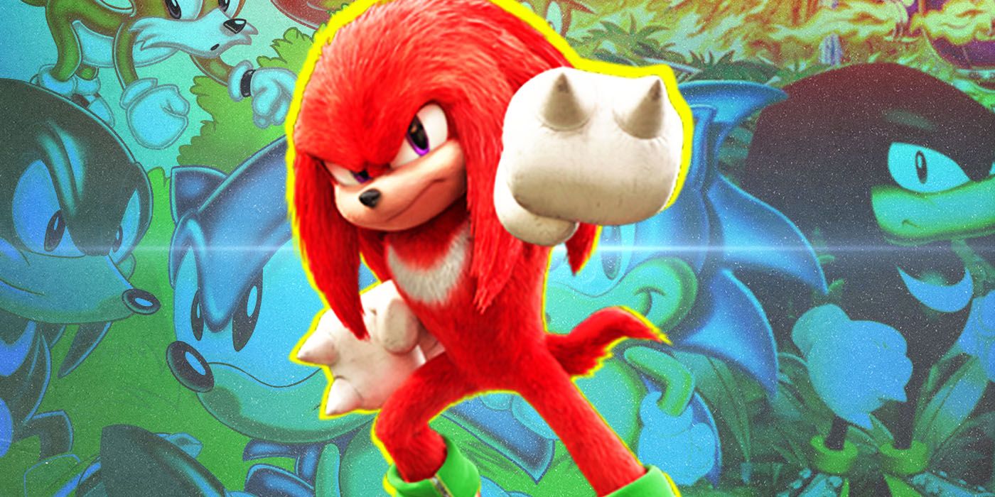 Knuckles the Echidna frente a imágenes de los juegos de Sonic.